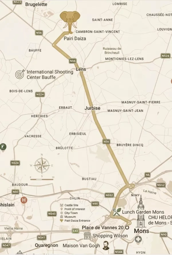 Carte montrant le trajet entre Pairi Daiza et Les Terrasses de Sainte-Waudru
