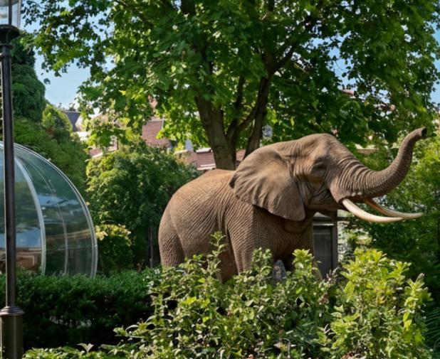 Jardin des Terrasses de Sainte-Waudru avec un panda, un éléphant, une girafe, un perroquet et un tigre.